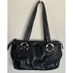 B. Makowsky Black Pebbled Leather Shoulder Hobo Bag Dble Handles Silver Hrdware